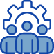 A blue and black icon of people with gear