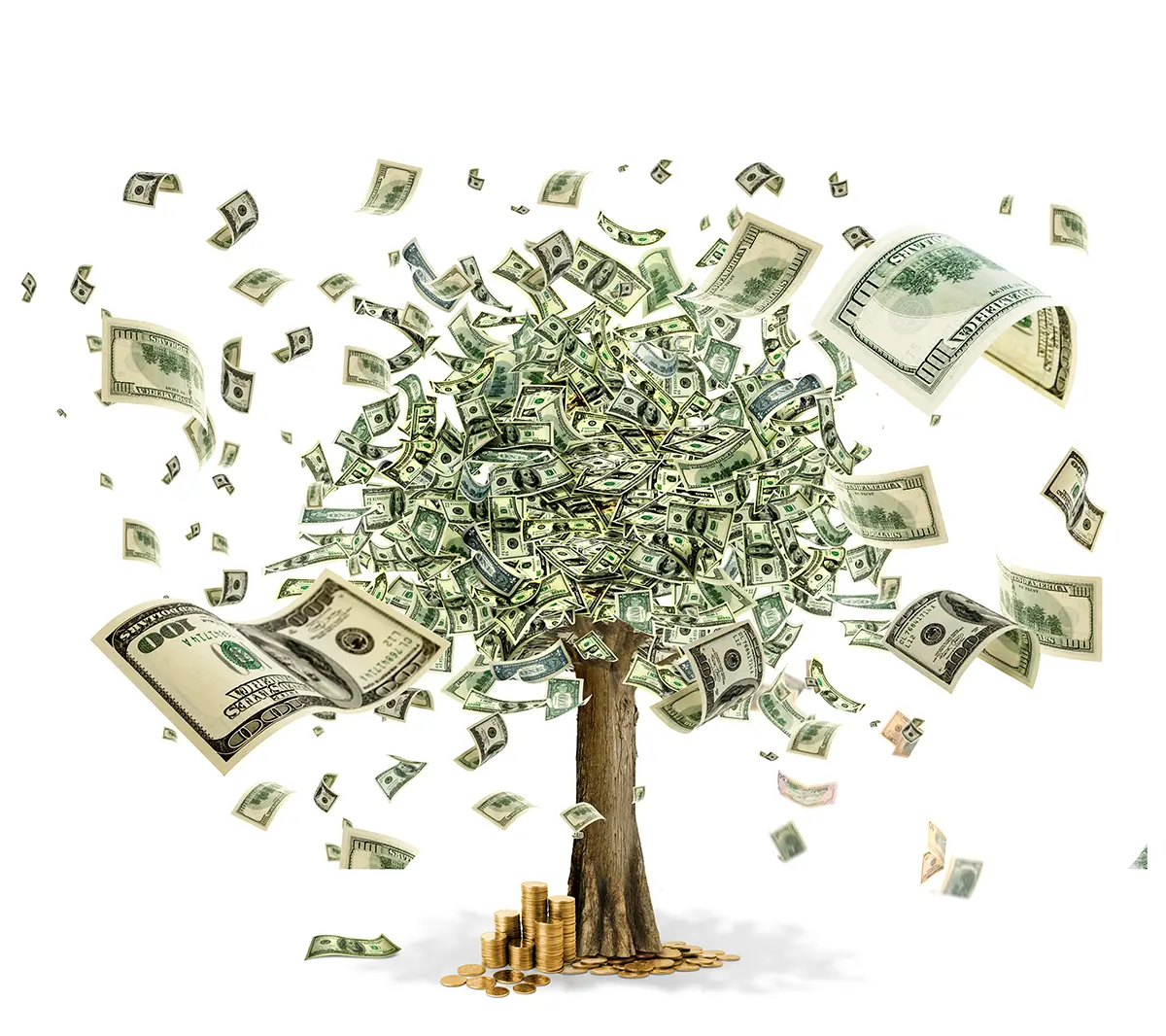 A tree with money falling down on it